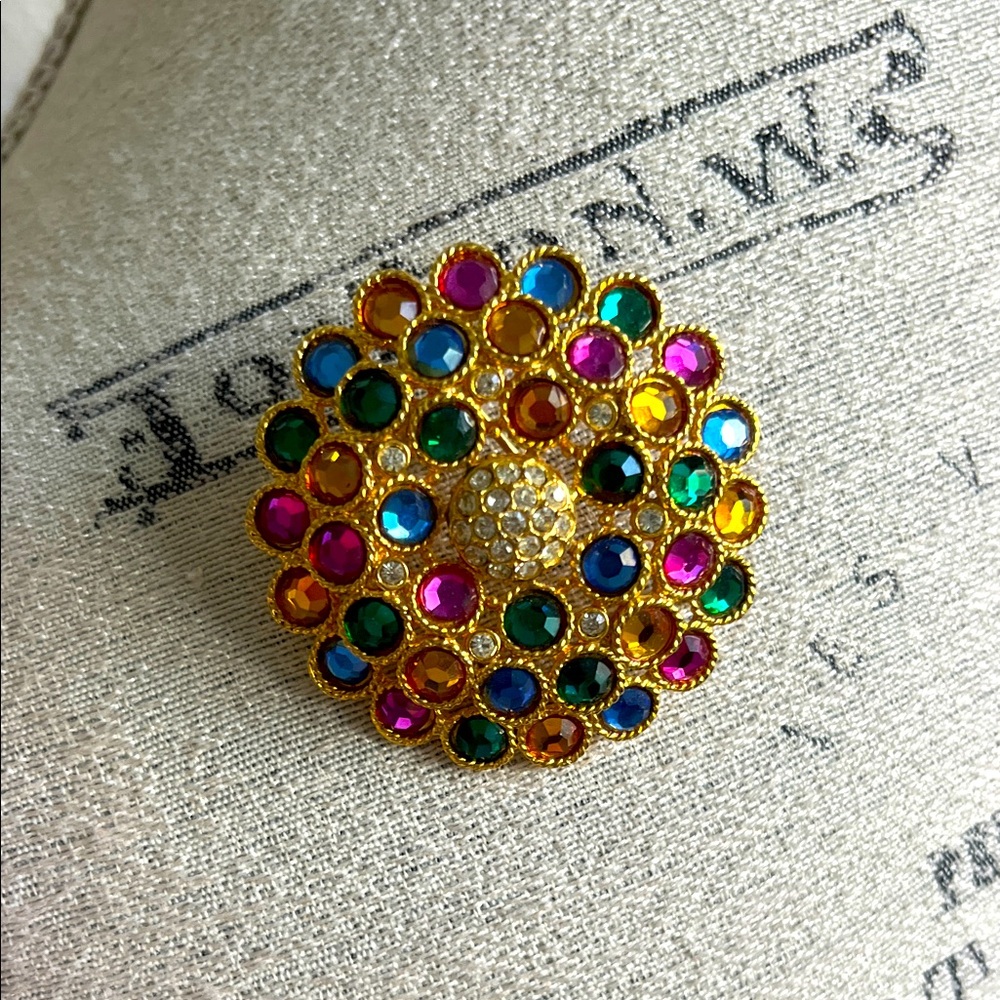 Vintage Craft signed, multicolor fruit salad rhinestone round 1 3/4” brooch